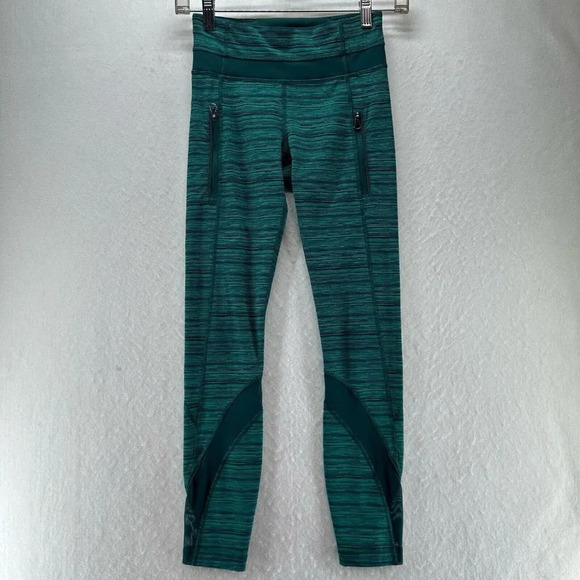 Lululemon Leggings Womens 2 Run Inspire Crop II Striped Athletic Workout Green - Picture 1 of 10